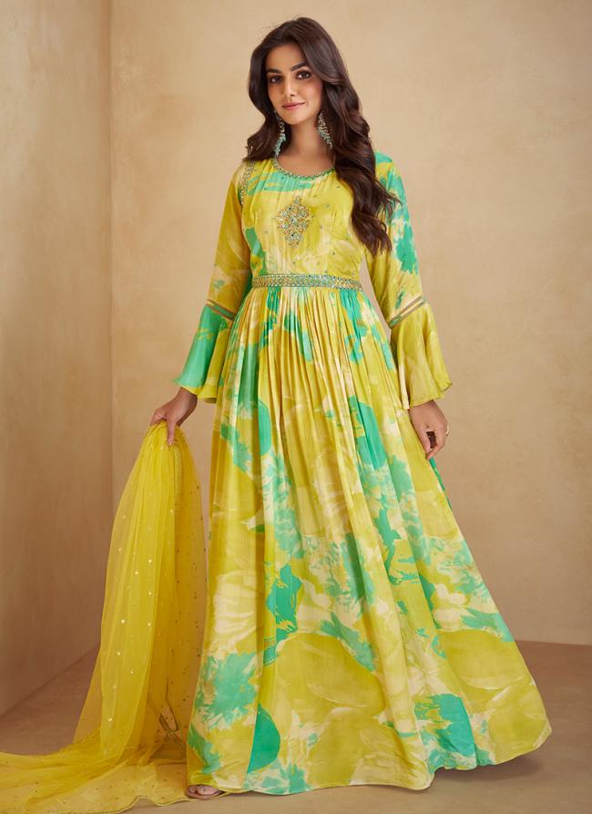 Real Chinnon Yellow Wedding Wear Printed Readymade Gown With Dupatta